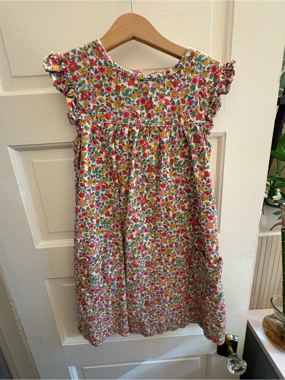 Mini Boden White Floral Cotton Dress with Pink, Red & Green Flowers